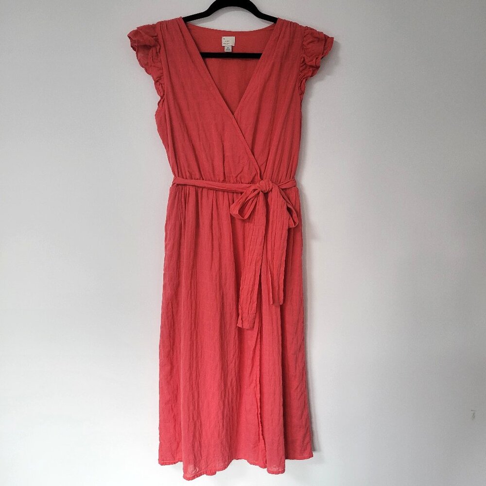 Coral Cotton Textured Faux Wrap Maxi Dress Coastal Cottagecore